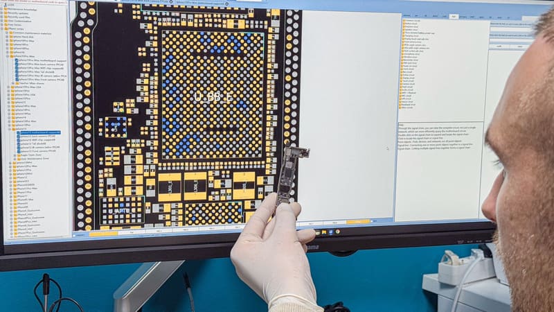 Reparateur houdt een moederbord naast het schema op het scherm voor de diagnose