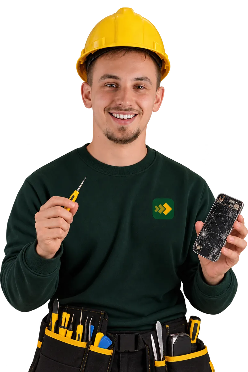 Lachende reparateur in een trui van leerhetmaken.nl, met een schroevendraaier en een smartphone met gebarsten scherm